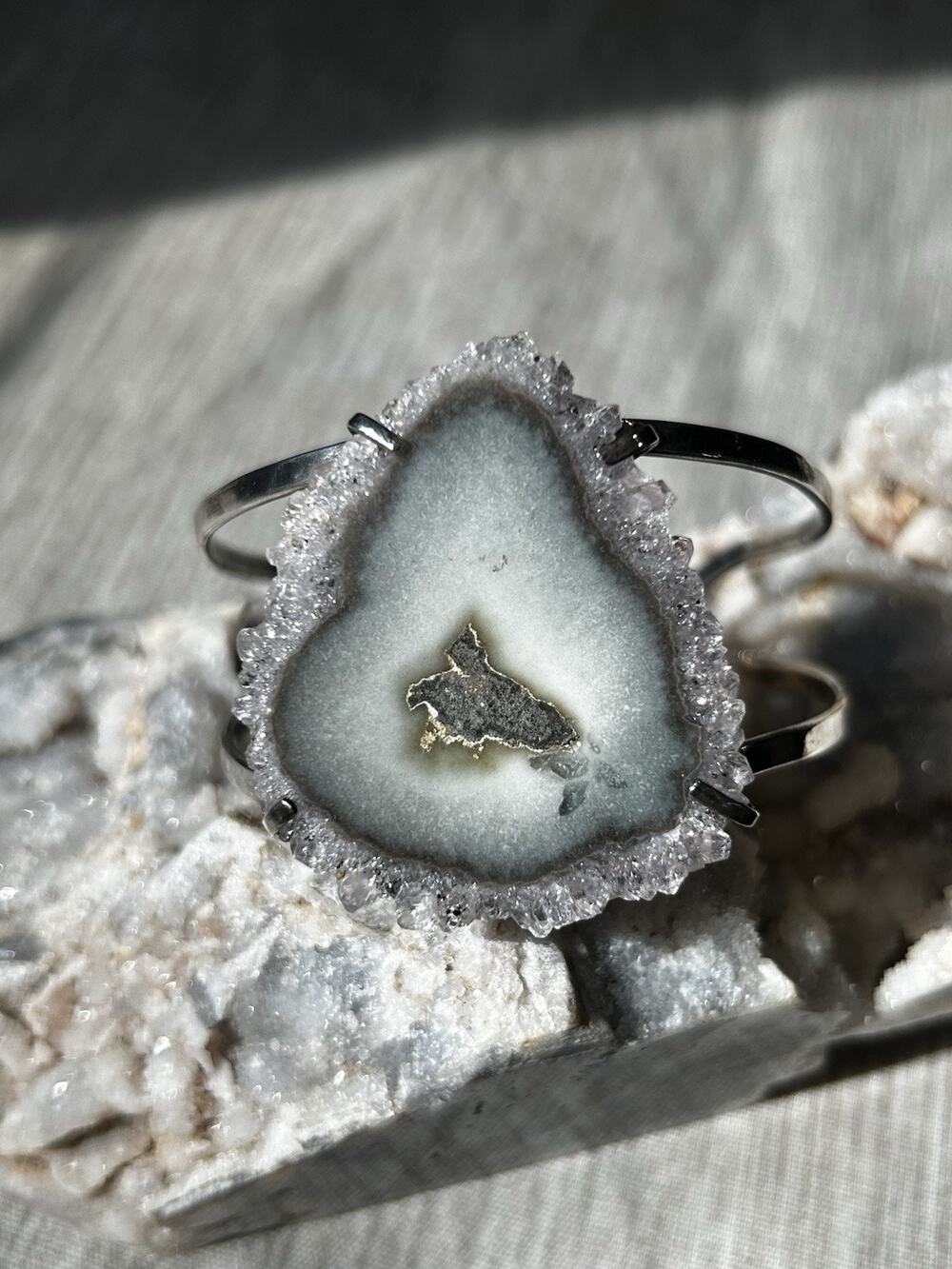 Stalactite Flower Quartz Silver Electroplated Cuff Bracelet Brazilian